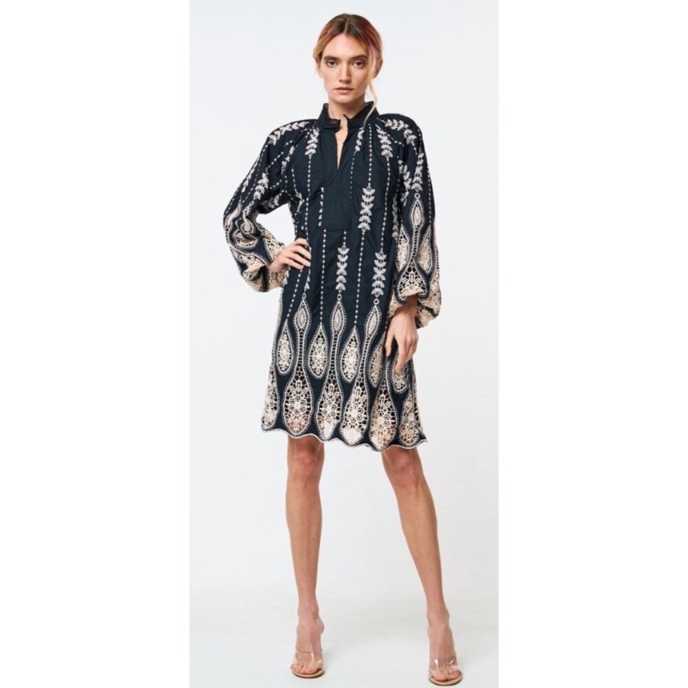 CIEBON Dianna Embroidered Drip Dark Navy/Black Mini Dress Boho Scallop Hem
